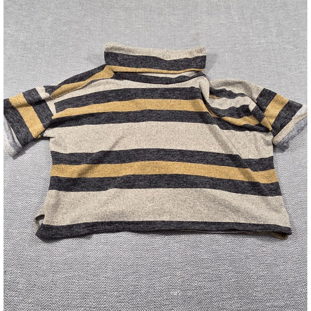 MTS Striped Turtleneck Short Sleeve Boxy Knit Top Grey Black Mustard Yellow S
